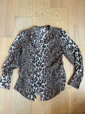 Joie Brown and Black Leopard Print Silk Button-Up Blouse